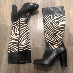 Kazar Zebra Print Statement Boots | Knee-High Black Leather | EU 38 / US 7.5